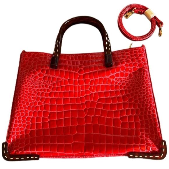 TIZIANA red crocodile embossed handbag with acrylic (plastic) handles - Picture 1 of 7